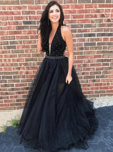 Black Plunging Neckline Tulle Long Prom Dress with Beading